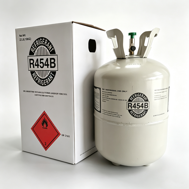 Angled view of R-454B 22 lb carton and white cylinder
