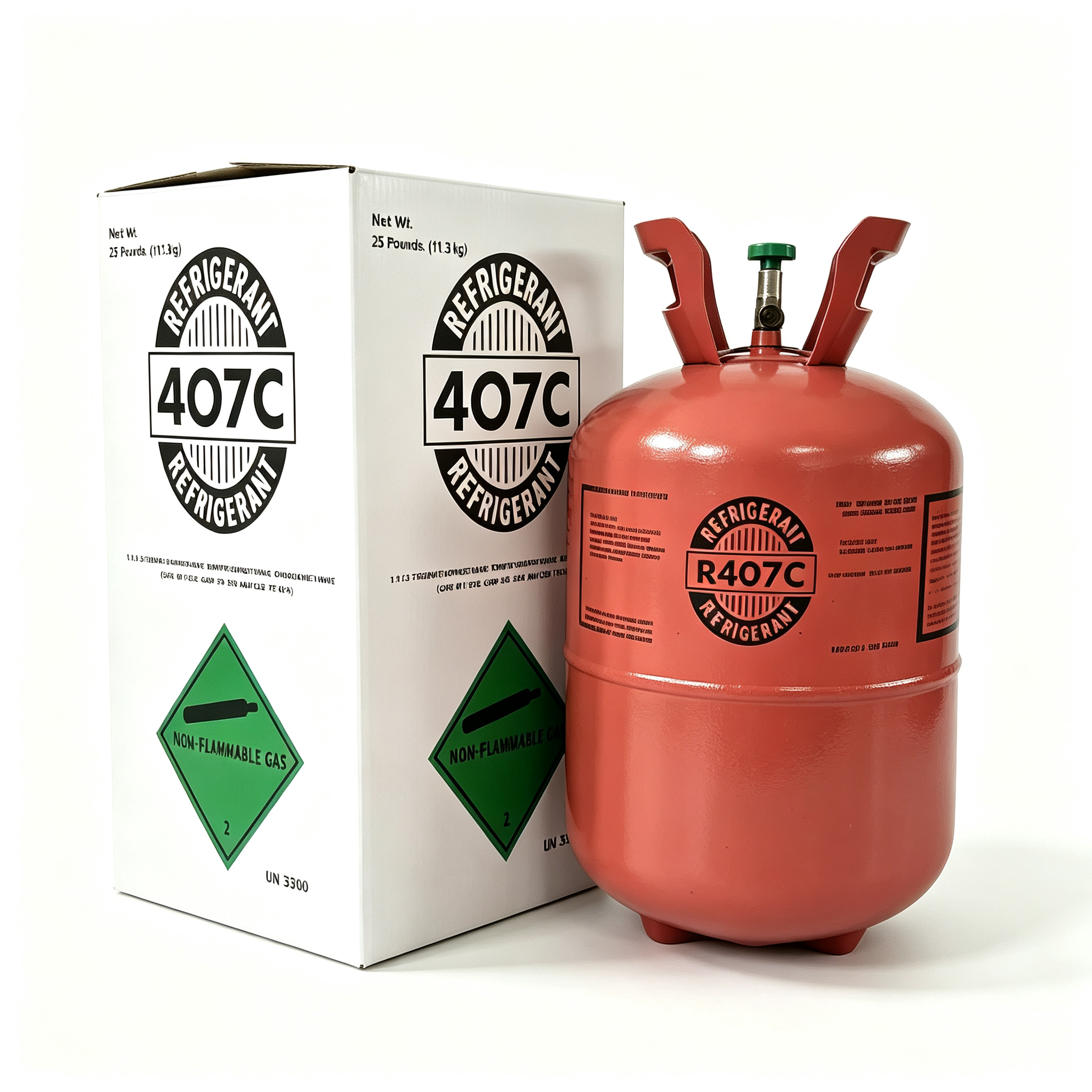 Angled view of a red R-407C cylinder and 25 lb cartons