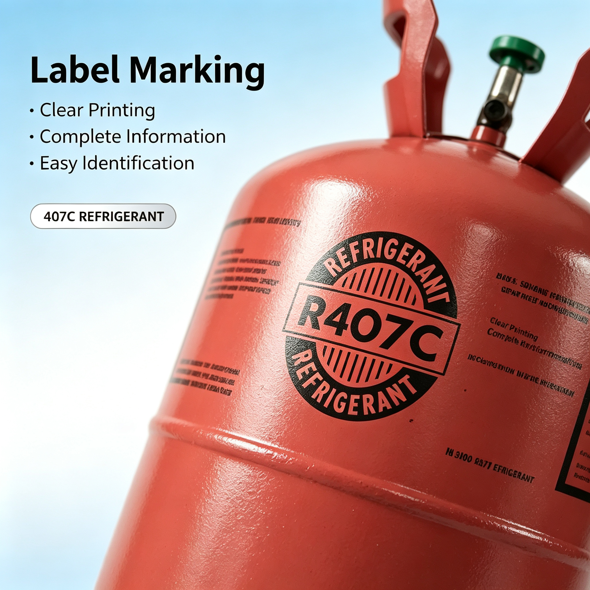 Close-up of the R-407C label on a red refrigerant cylinder