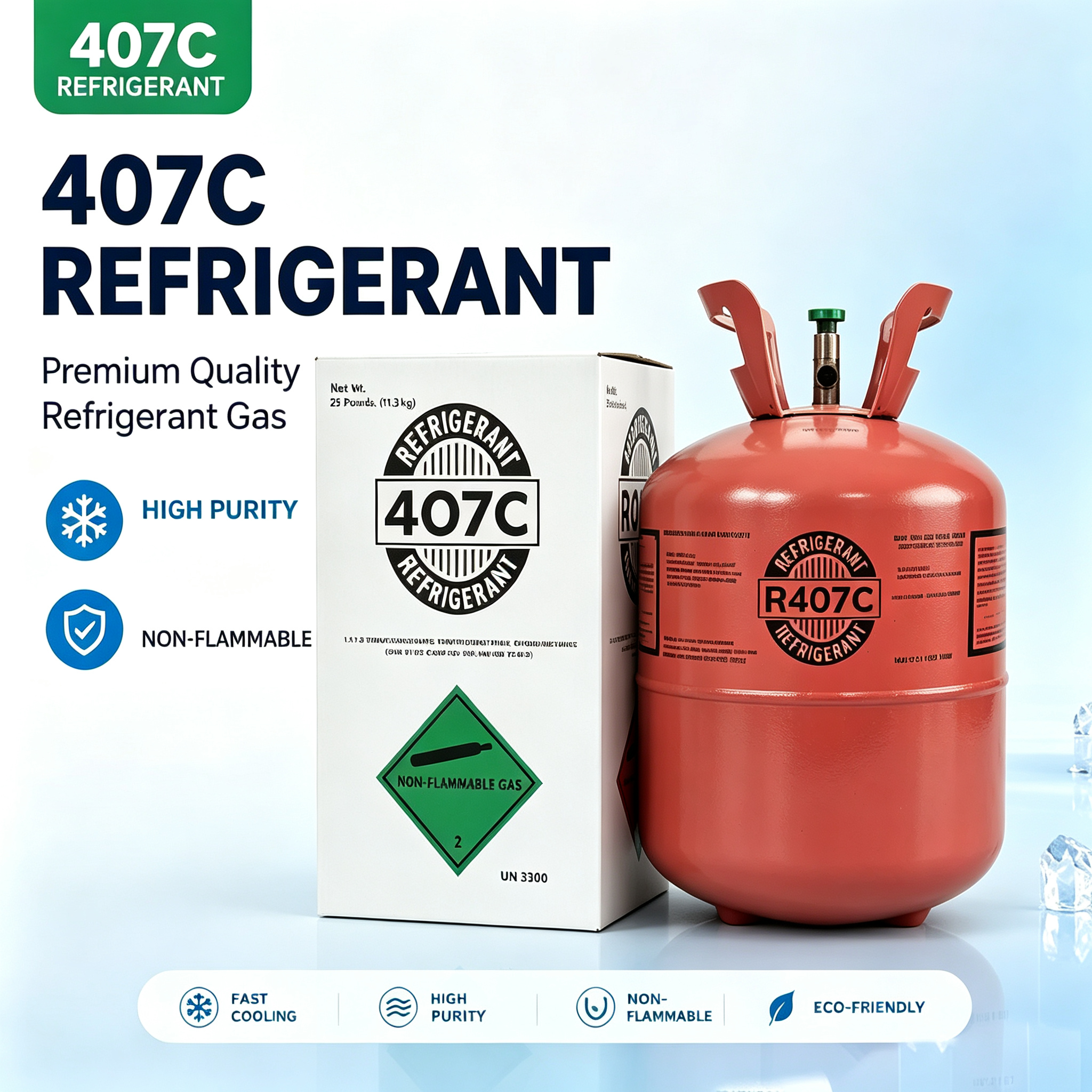 R-407C refrigerant 25 lb cylinder and carton on a blue background