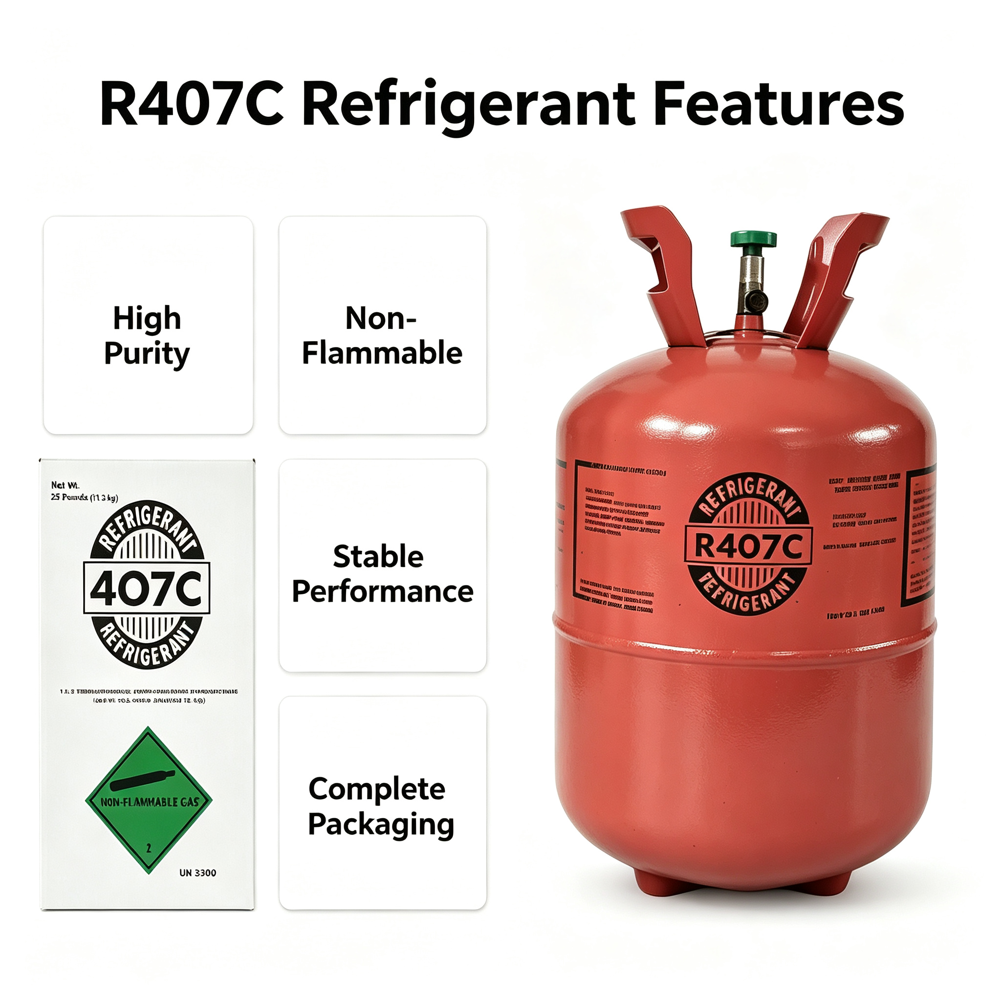 R-407C refrigerant cylinder and carton with feature labels