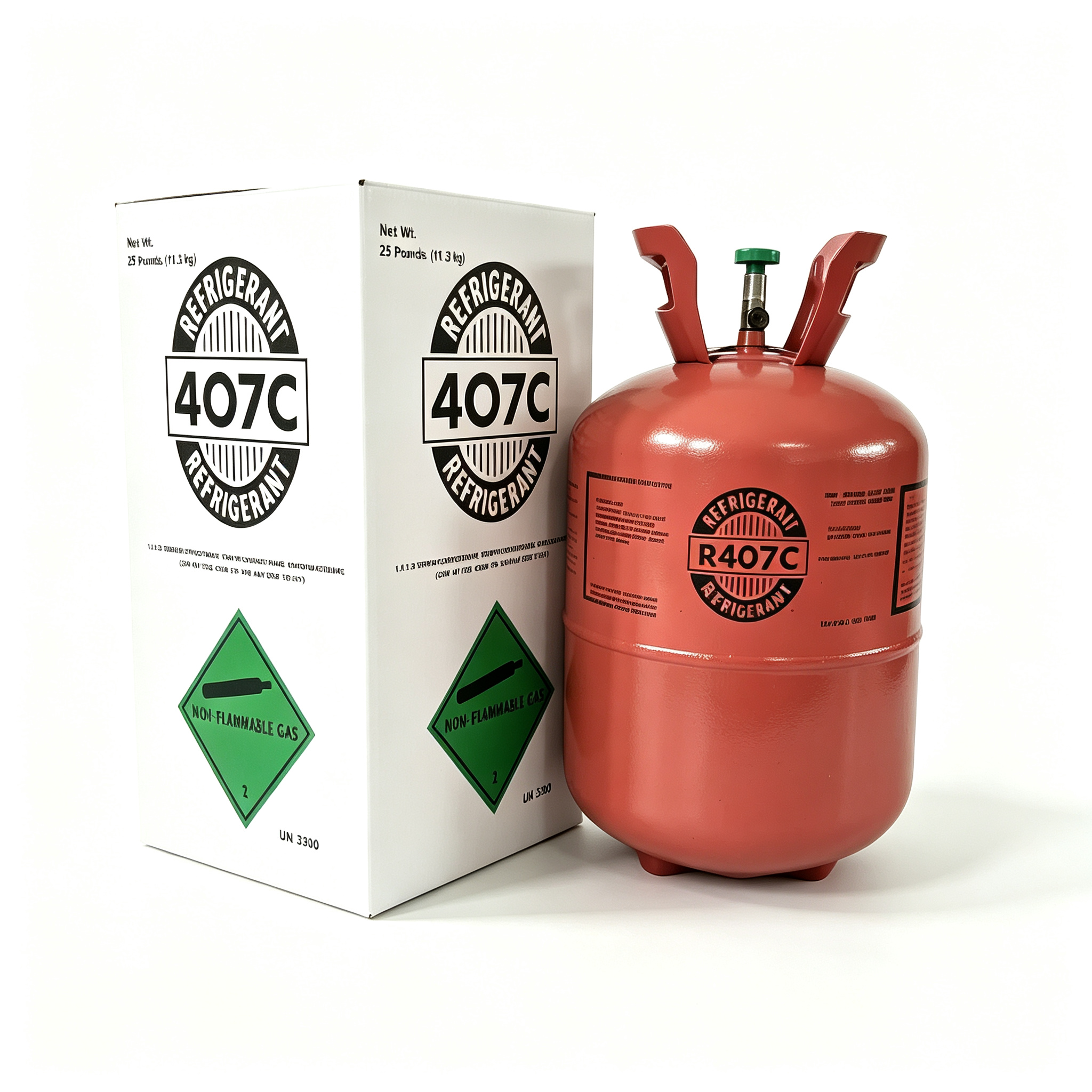 R-407C refrigerant cylinder beside two labeled cartons