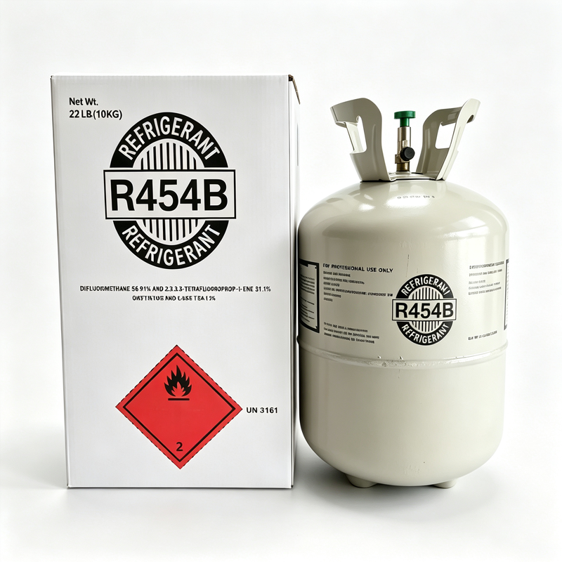 R-454B refrigerant 22 lb carton beside a white cylinder