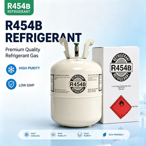 R-454B refrigerant cylinder and carton on a blue background