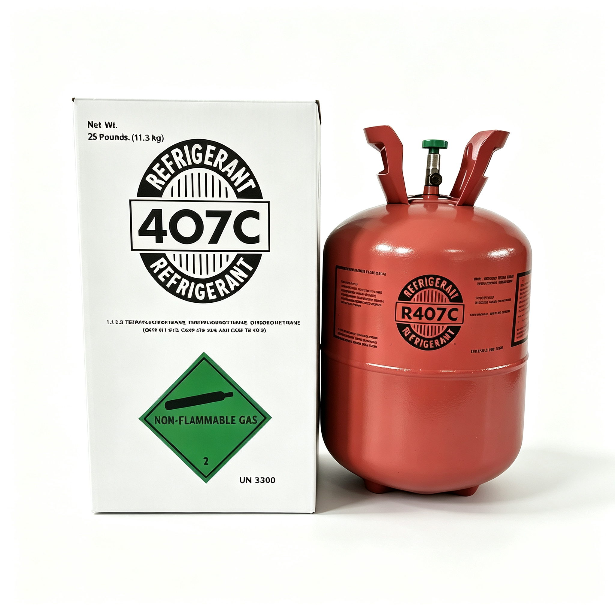 Red R-407C refrigerant cylinder beside its 25 lb carton