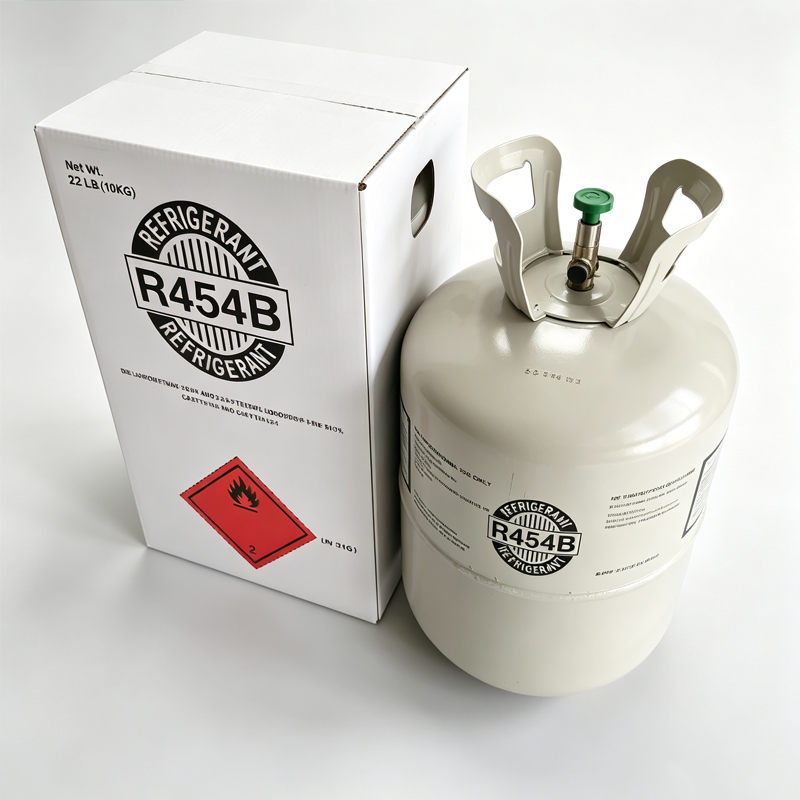 Top view of R-454B carton, cylinder handles and valve