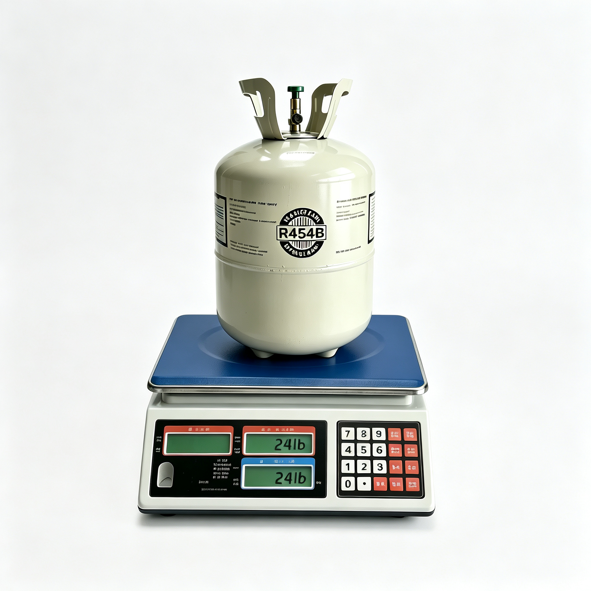 White R-454B refrigerant cylinder on a digital scale showing 24 lb